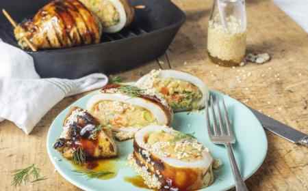 GRILLED STUFFED SQUID WITH HERBED POLENTA 烤鱿鱼配香草玉米粥